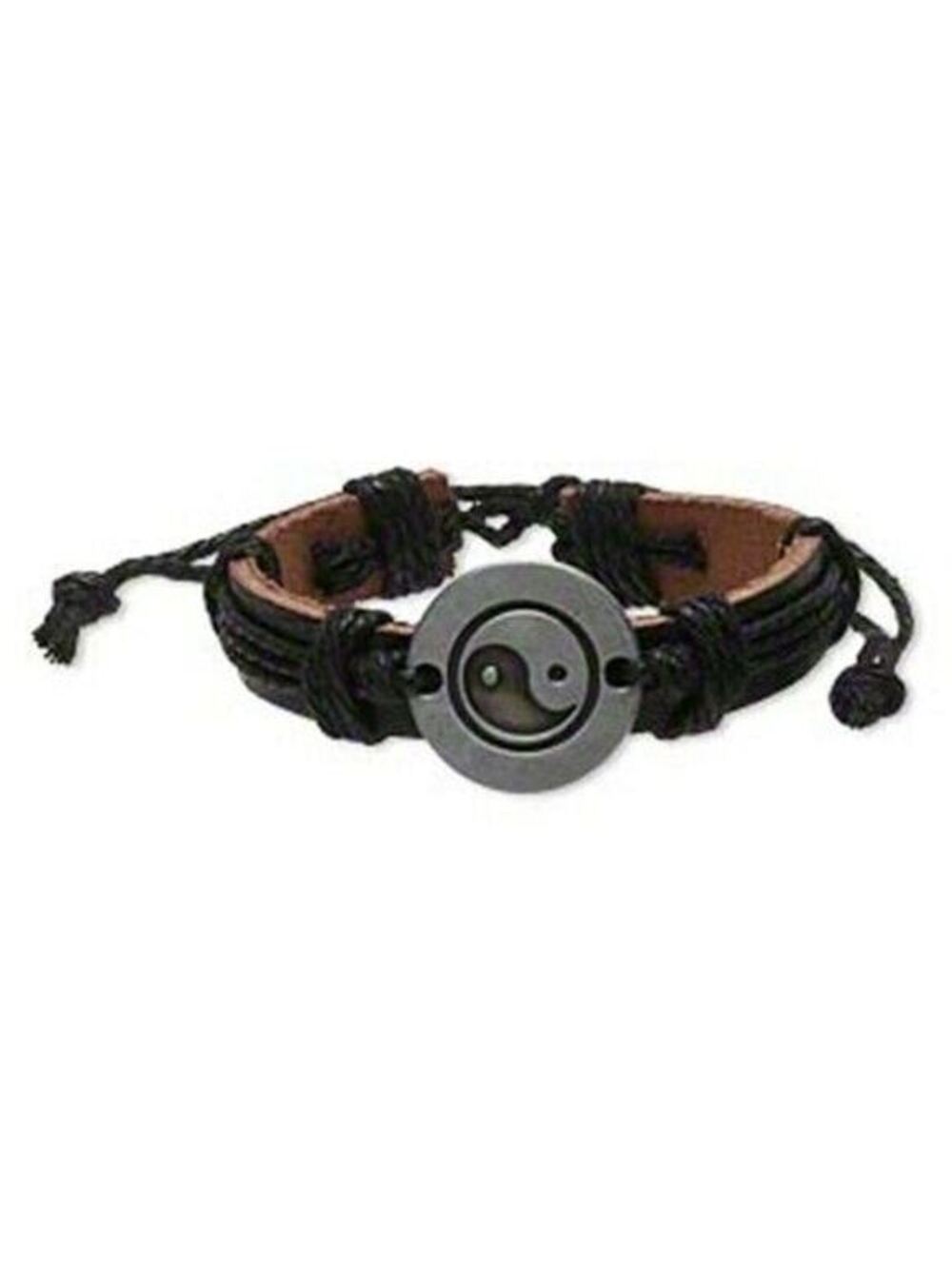 Hand Craft Brown Black Yin Yang Taoist Leather Silver Pewter Adjustable Bracelet
